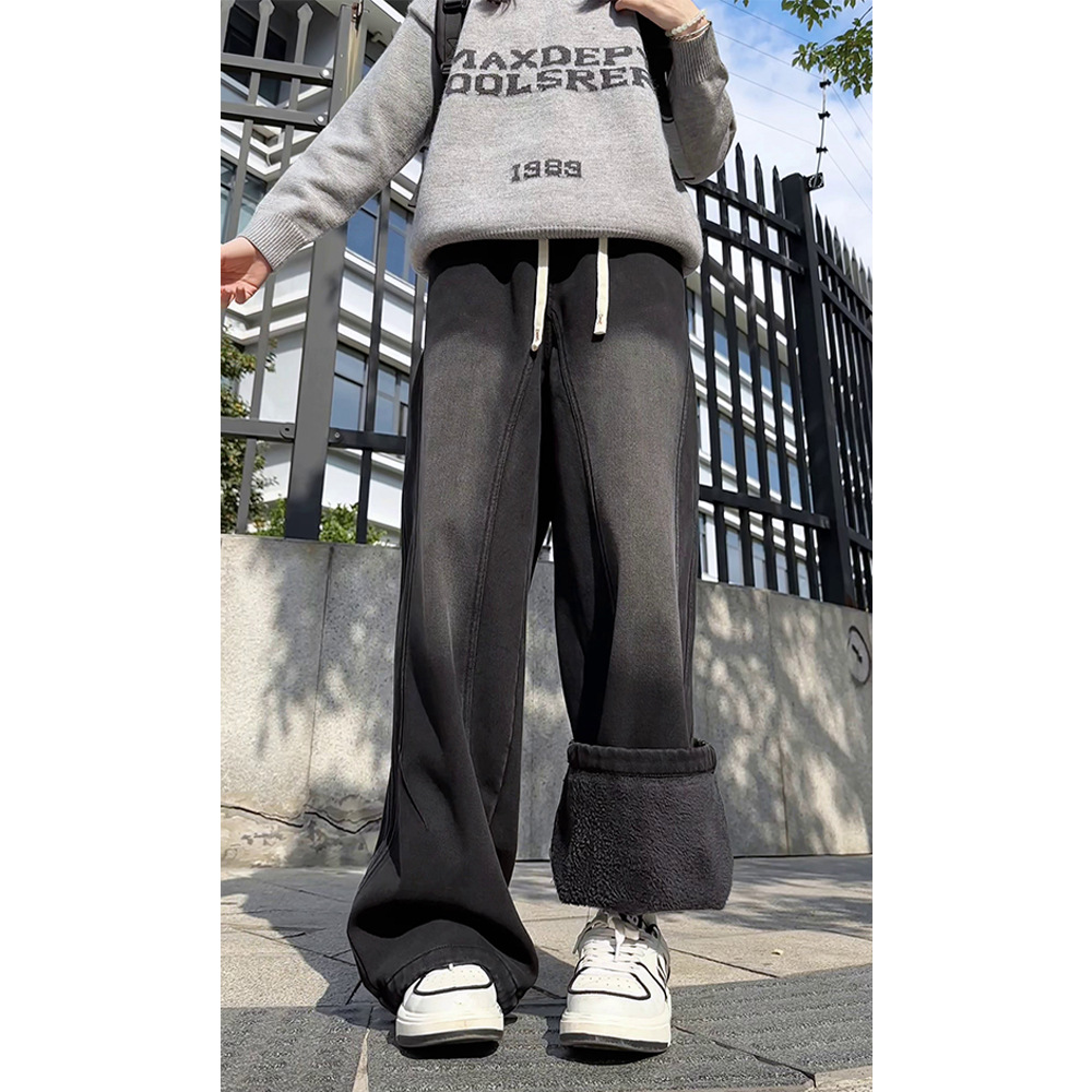 Autumn and Winter Velvet Thickened Jeans for Men and Women, American Splicing Design Straight Pants, Loose Large Size Casual Pants