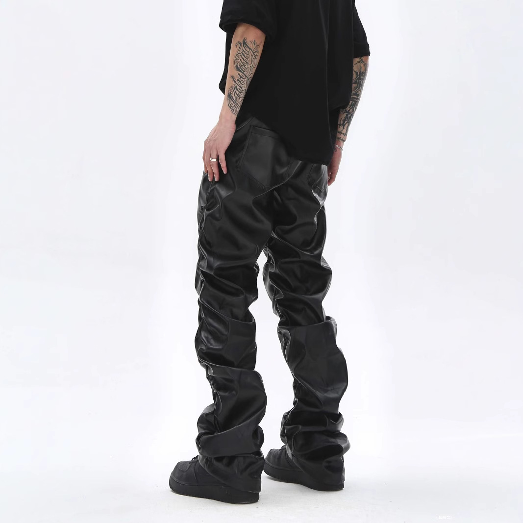 Dark Punk Niche Design Glossy Pleated Pu Leather Pants for Men Ins National Trend Hip-Hop Loose Casual Pants