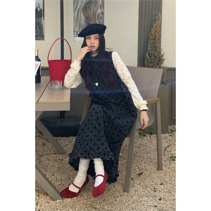 Костюм в корейском ретро стиле для женщин, утолщающий жилет, осенне-зимняя полуторная рубашка с кружевом, двухкомпонентный комплект