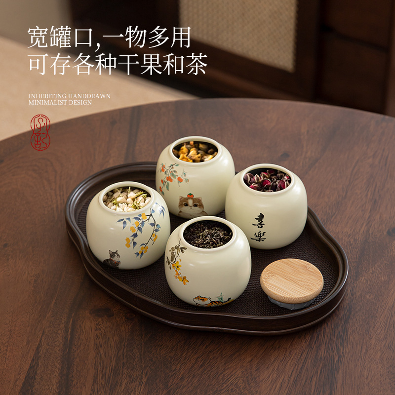 Moe Cat Ceramic Tea Cans Small Cans Portable Car Carry-on Storage Tea Cans Moisture-proof Sealed Tea Storage Cans Tea Cans