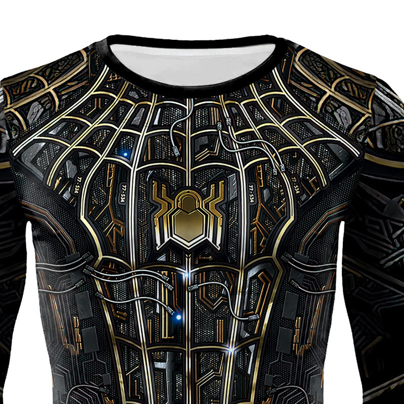 2025 New Export Marvel Spider Web Print Black Gold Battle Suit Tight-Fitting Long-Sleeved T-Shirt Men's Sports Fitness Quick-Drying Clothing