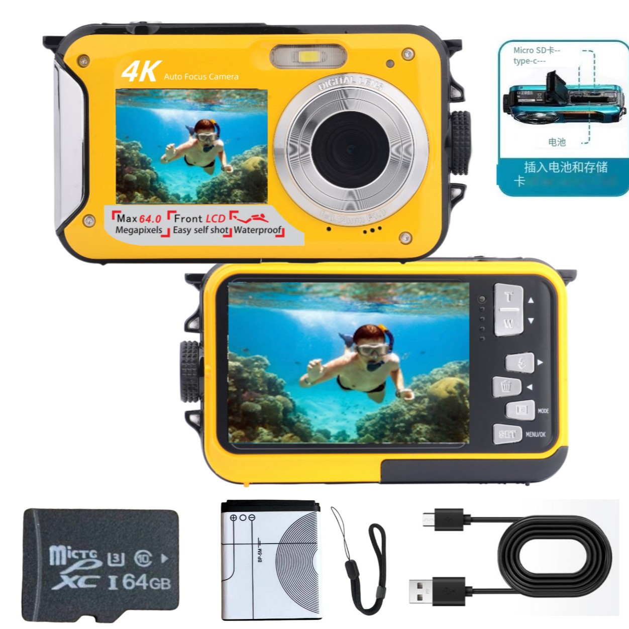 4K English Version Underwater Camera 64Mp Autofocus Waterproof Digital Camera with Selfie Hd Dual Screen