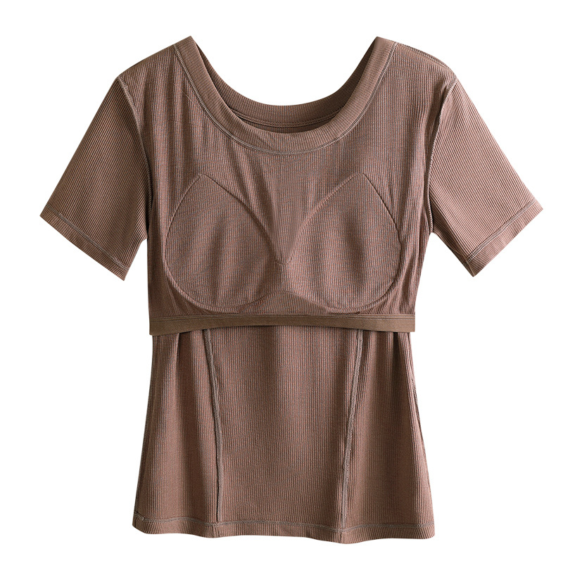 Modal thread short sleeve shoulder T-shirt with chest pad women's summer thin wear-free bra plus size outer wear top
