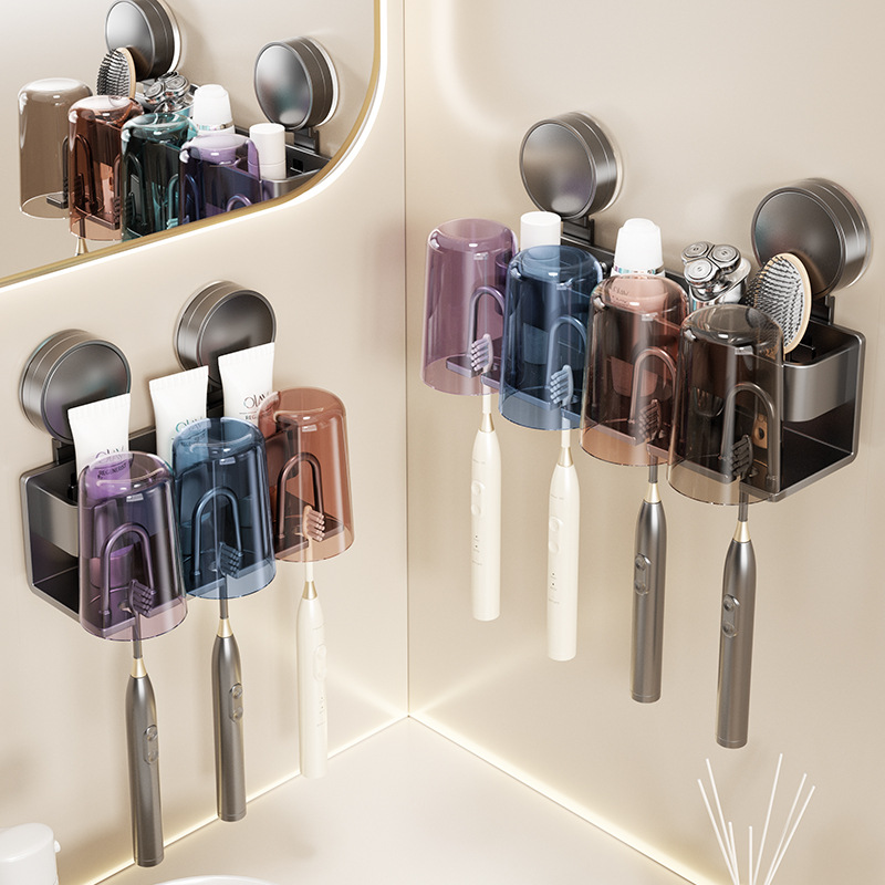 Suction Cup Toothbrush Storage Rack Hole-free Mouthwash Cup Brush Cup Wall-mounted Family Bathroom Toothpaste Storage Rack