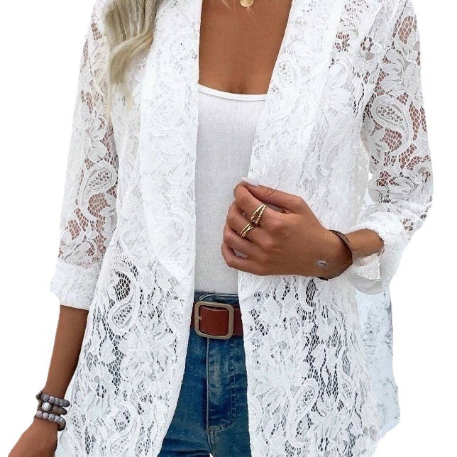2024 Europe and the United States cross-border spring and summer small suit foreign style all-match solid color lace shirt coat