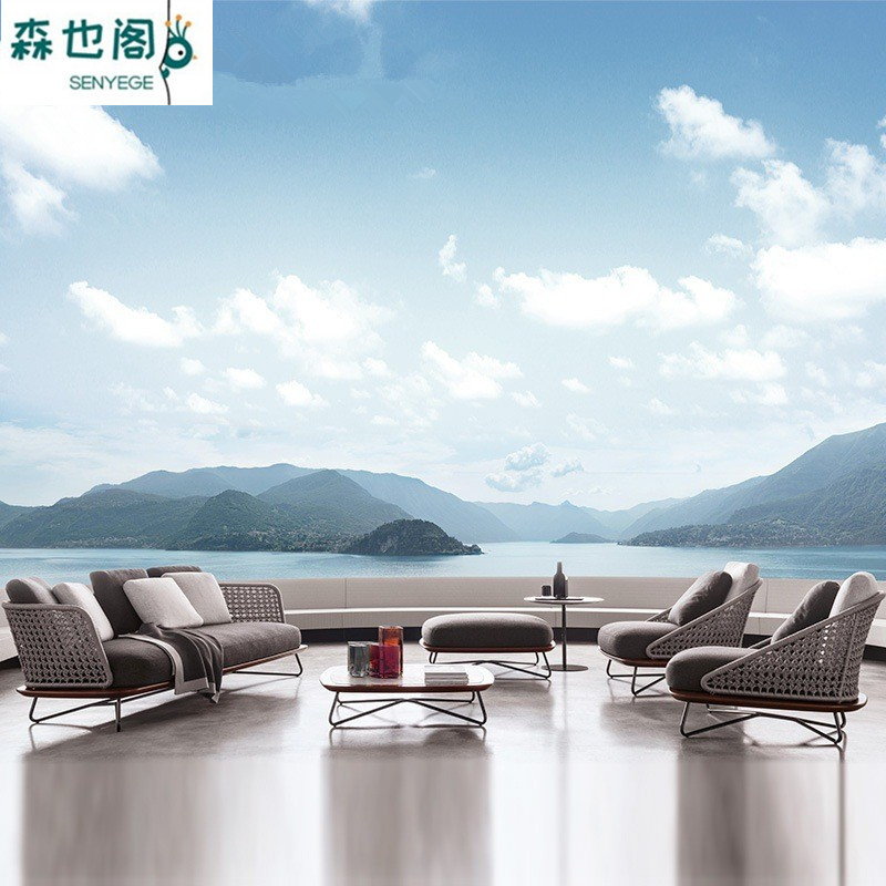 Outdoor Sofa Pineapple Lattice Solid Wood Casual Rattan Chair Tea Table Combination Waterproof Hotel Dew Balcony Villa Courtyard Furniture