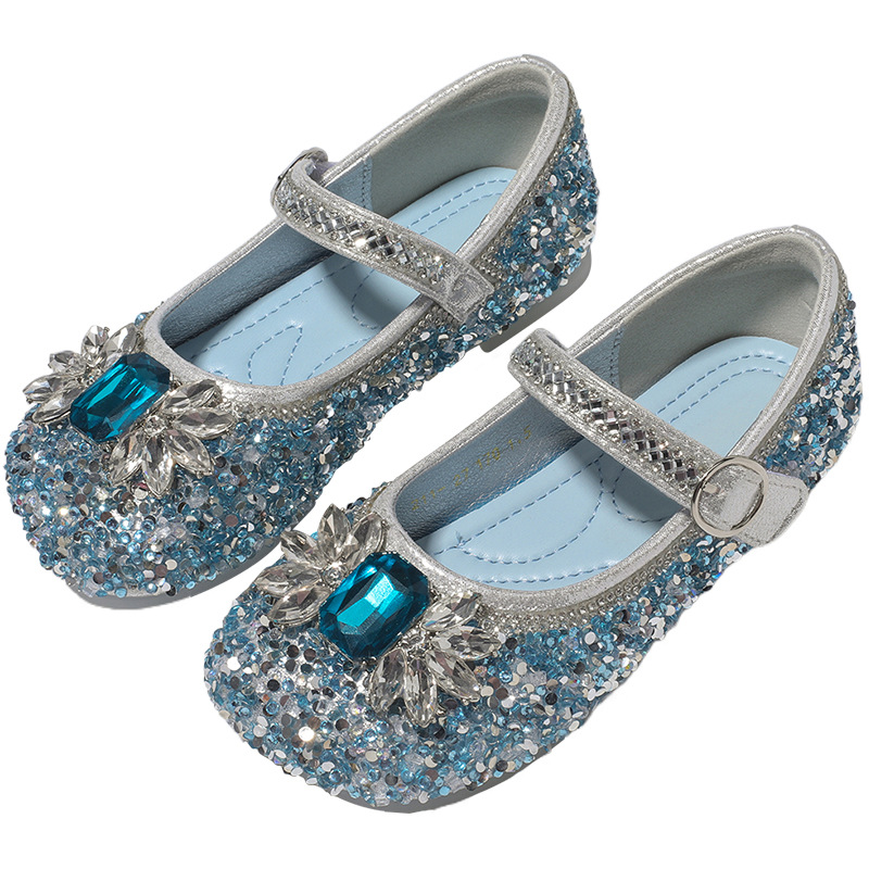 Girls Princess Shoes 2025 Spring and Autumn New Rhinestone Shiny Elsa Catwalk Shoes Non-Slip Soft Sole Girls' Peas Shoes