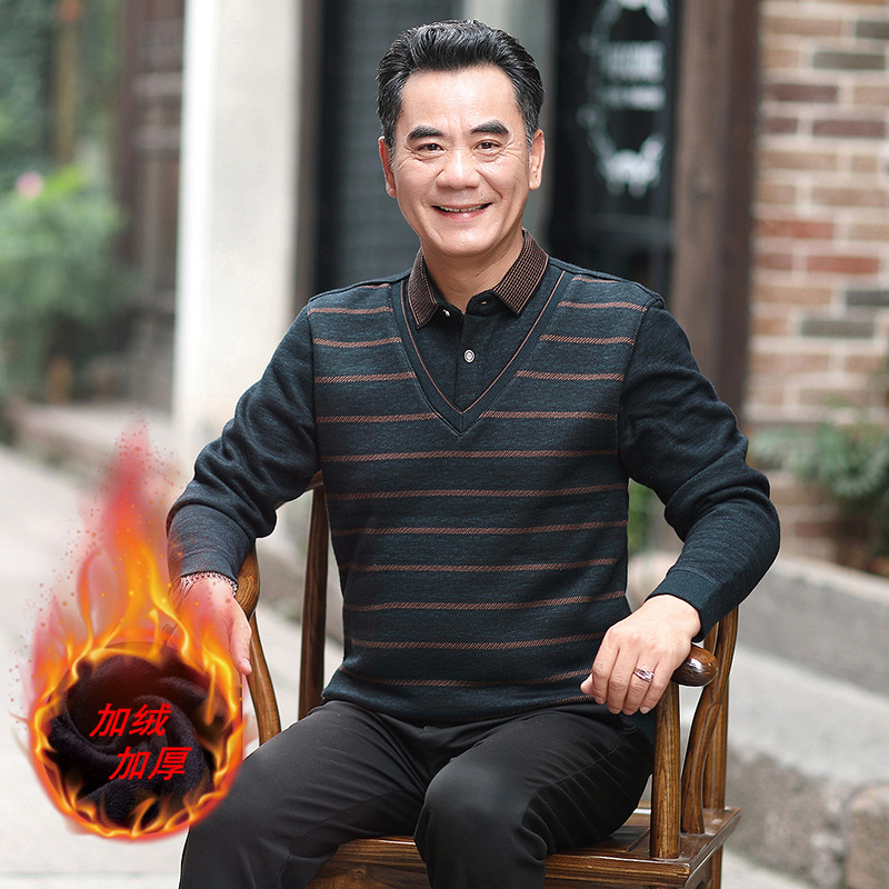Middle-aged fleece-lined Thickened Sweater Male Dad Fake Two-piece Warm Shirt 50-60 Year Old Grandpa Warm Clothes