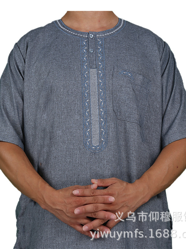 Short-Sleeved Cotton and Linen Cross-Border Export Factory Direct Round Neck Exquisite Embroidery Morocco Style Men's Belt Buckle