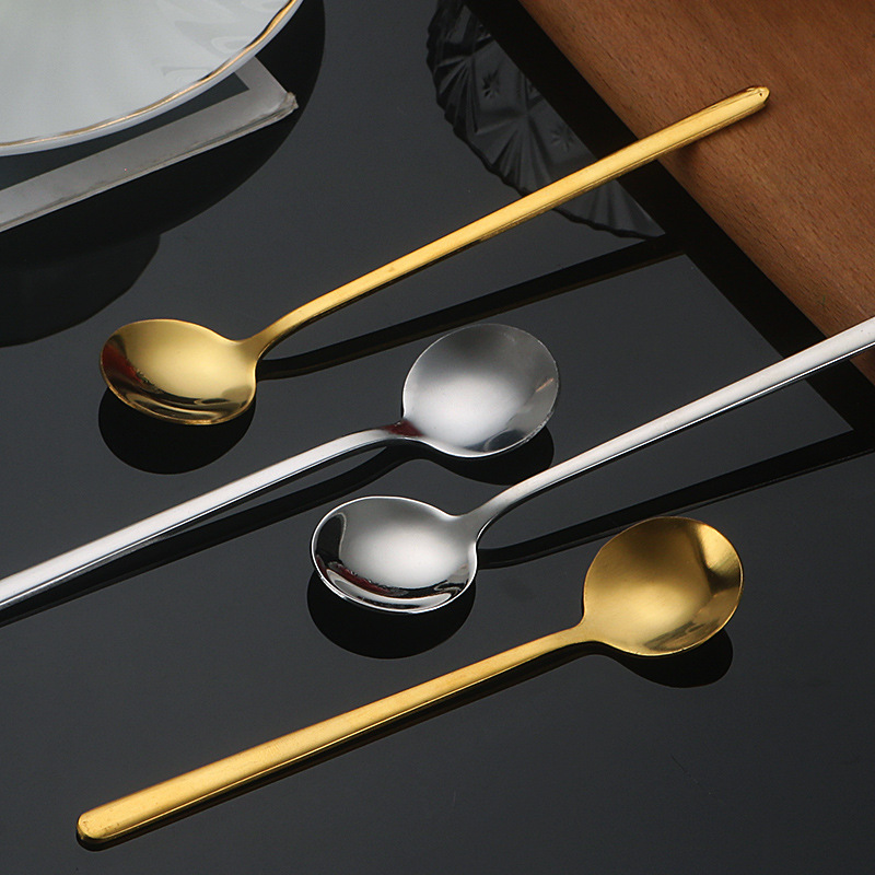Stainless Steel Small Round Spoon Restaurant Long Handle Coffee Mixing Spoon Internet Popular Korean-style Spoon Household Gift Coffee Spoon