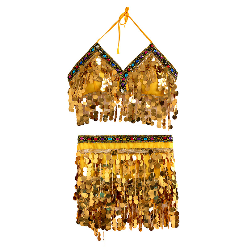 Foreign trade sexy belly dance suit sequins wrapped chest tassel waist chain performance clothing tassel skirt dance clothing