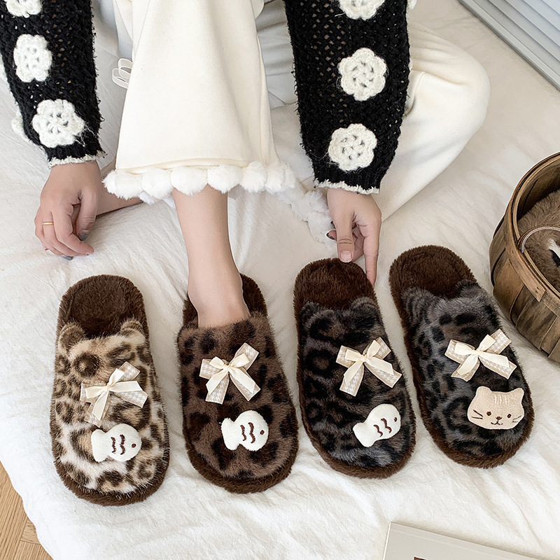 Leopard Print Kitten High-Value Millennial Hot Girl Style Retro Toe-Toe Furry Slippers for Women's Home Indoor Warm Cotton Slippers