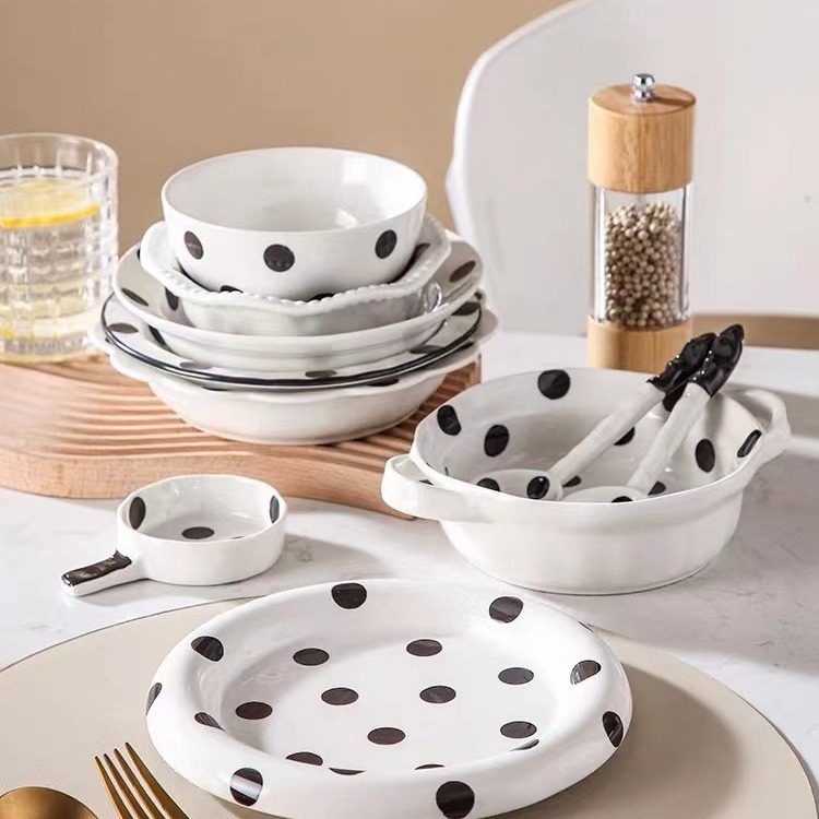 French Retro Polka Dot Underglaze Color Ceramic Tableware Hand Kneading Irregular Art Cake Plate Binaural Baking Plate Salad Bowl