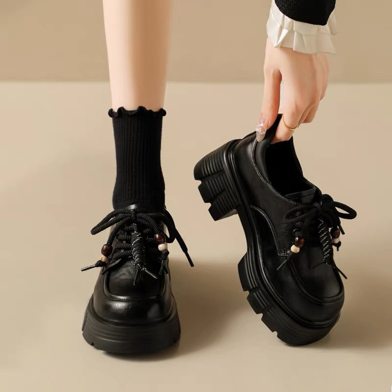 Popular Thick-Soled Loafers for Women, 2025 Autumn New Style, Black Chunky Heel, Height-Increasing, Fleece-Lined, British-Style Small Leather Shoes