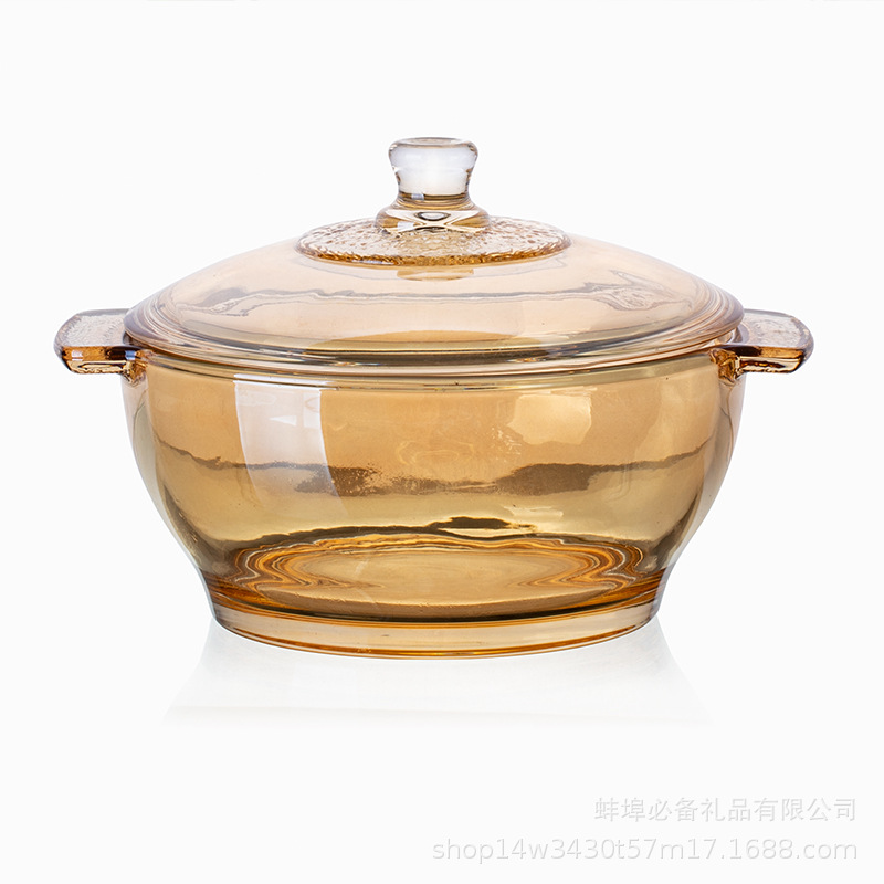 European-style Glass Crystal Pot Glass Bowl Tea-colored Binaural Salad Bowl Instant Noodles Bowl with Lid Amber Glass Pot