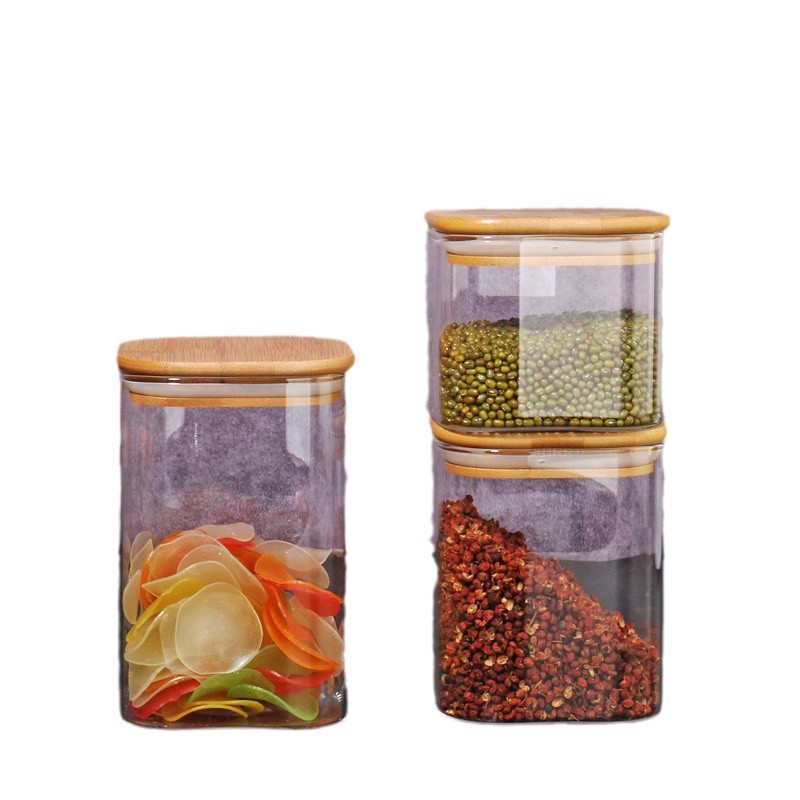 Square Storage Jar with Bamboo Lid, Sealed Jar for Kitchen Grains, Candies, Tea, Glass Storage Jar, Glass Bottle