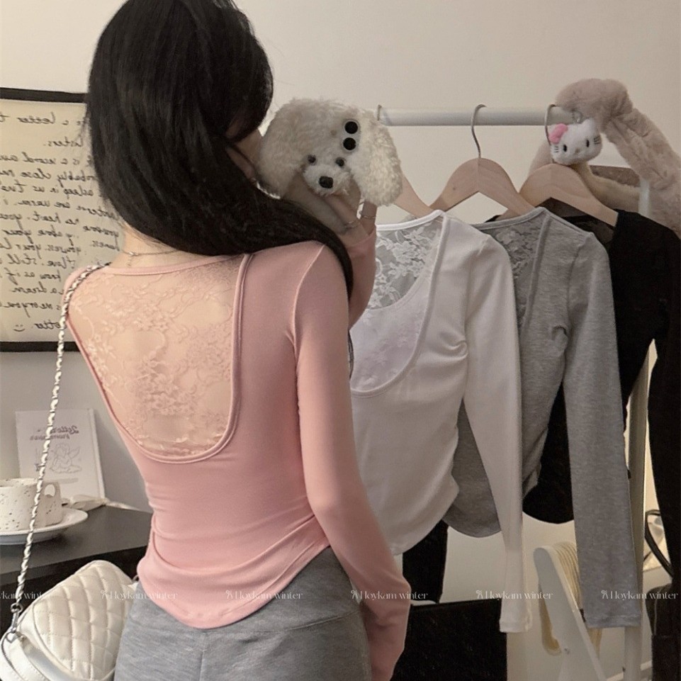 5165 Чистое желание, полое дизайнерское сексуальное блузка без спины, кружевная вставка, длинный рукав, облегающий базовый слой, модная блузка для осени и зимы