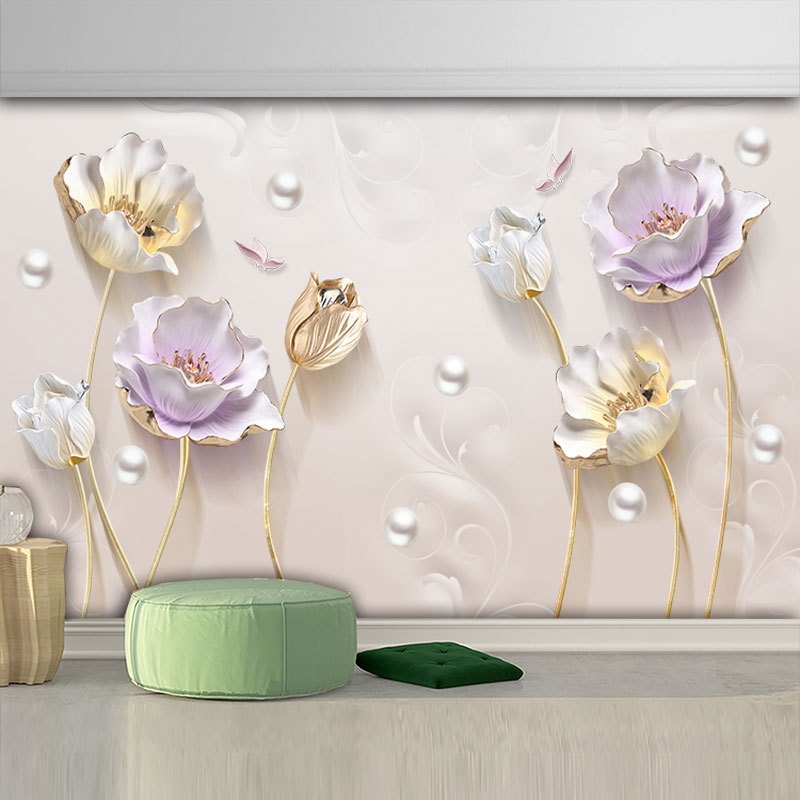 Customized Mural 3D Relief Lotus Wall Covering Stereo Tulip Background Wall Wallpaper Flower Non-Woven Wallpaper Manufacturer