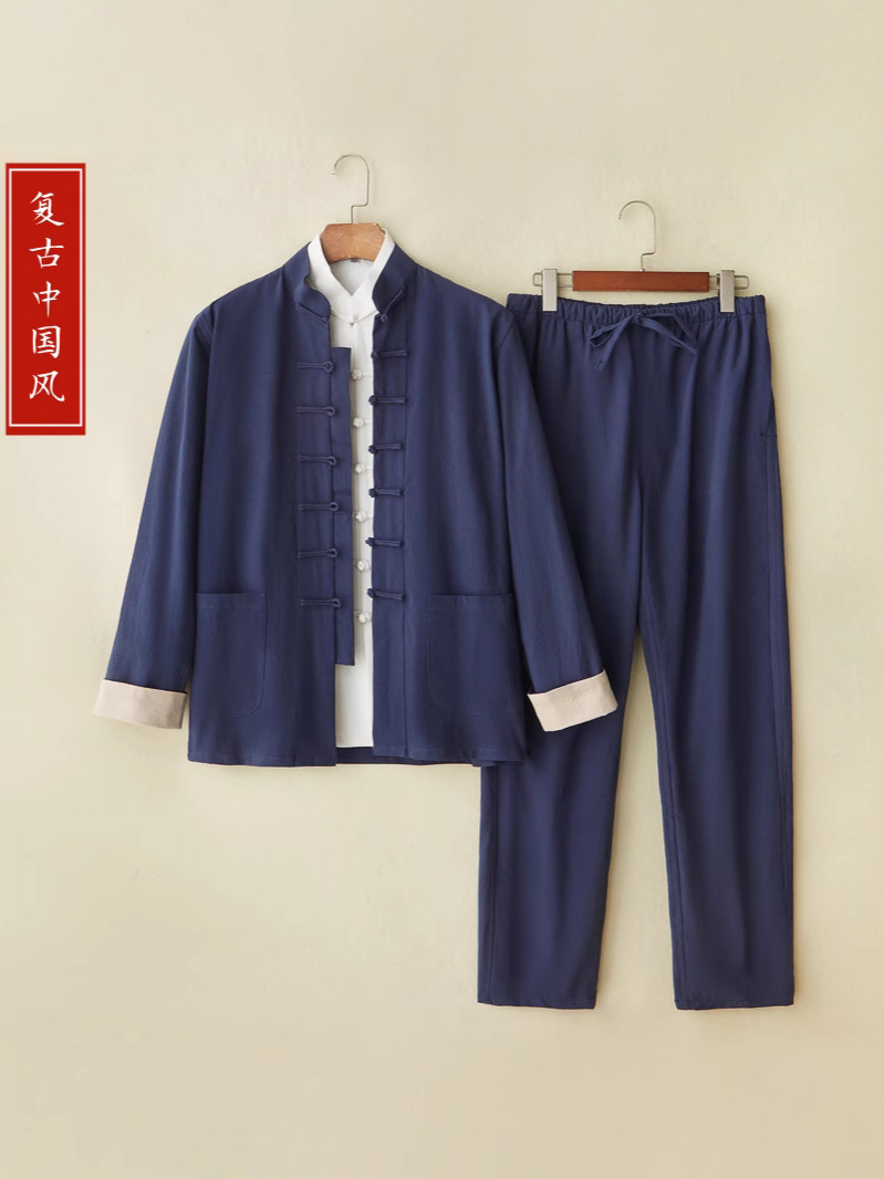 Chinese Style Spring and Autumn suit Cotton Linen Tang Suit Men's Three-Piece Set Chinese Style Buckle Hanfu Retro Hussier Clothing Tea Clothing