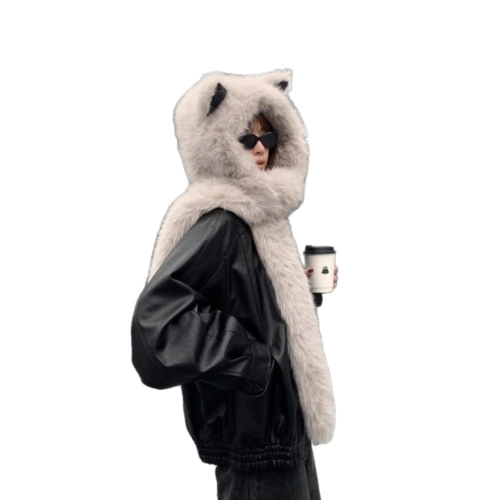 New Plush Fox Ear Scarf Hat Winter Furry 2024 Face-Slimming Warm Ear-Protecting Trapper Hat