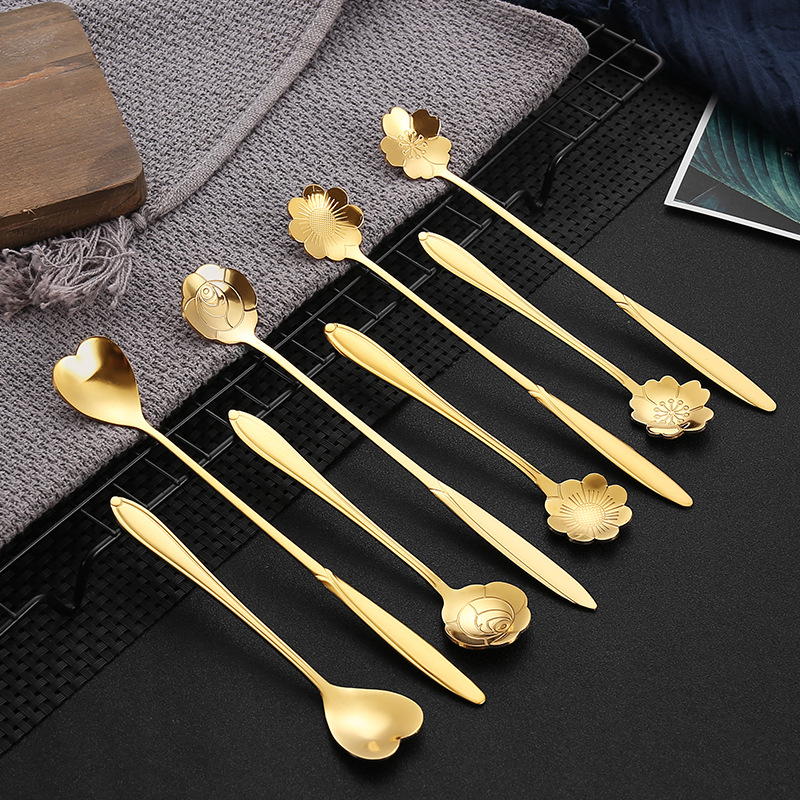 Stainless Steel Cherry Blossom Spoon Long Handle Coffee Spoon Heart Rose Spoon Bird's Nest Honey Stirring Small Spoon Wedding Souvenir