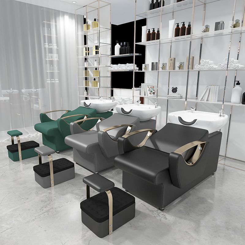 Shampoo Recliner Bed, Hair Salon Semi-Reclining Shampoo Bed with Footrest, Leather Hair Salon Ceramic Basin Shampoo Bed Factory