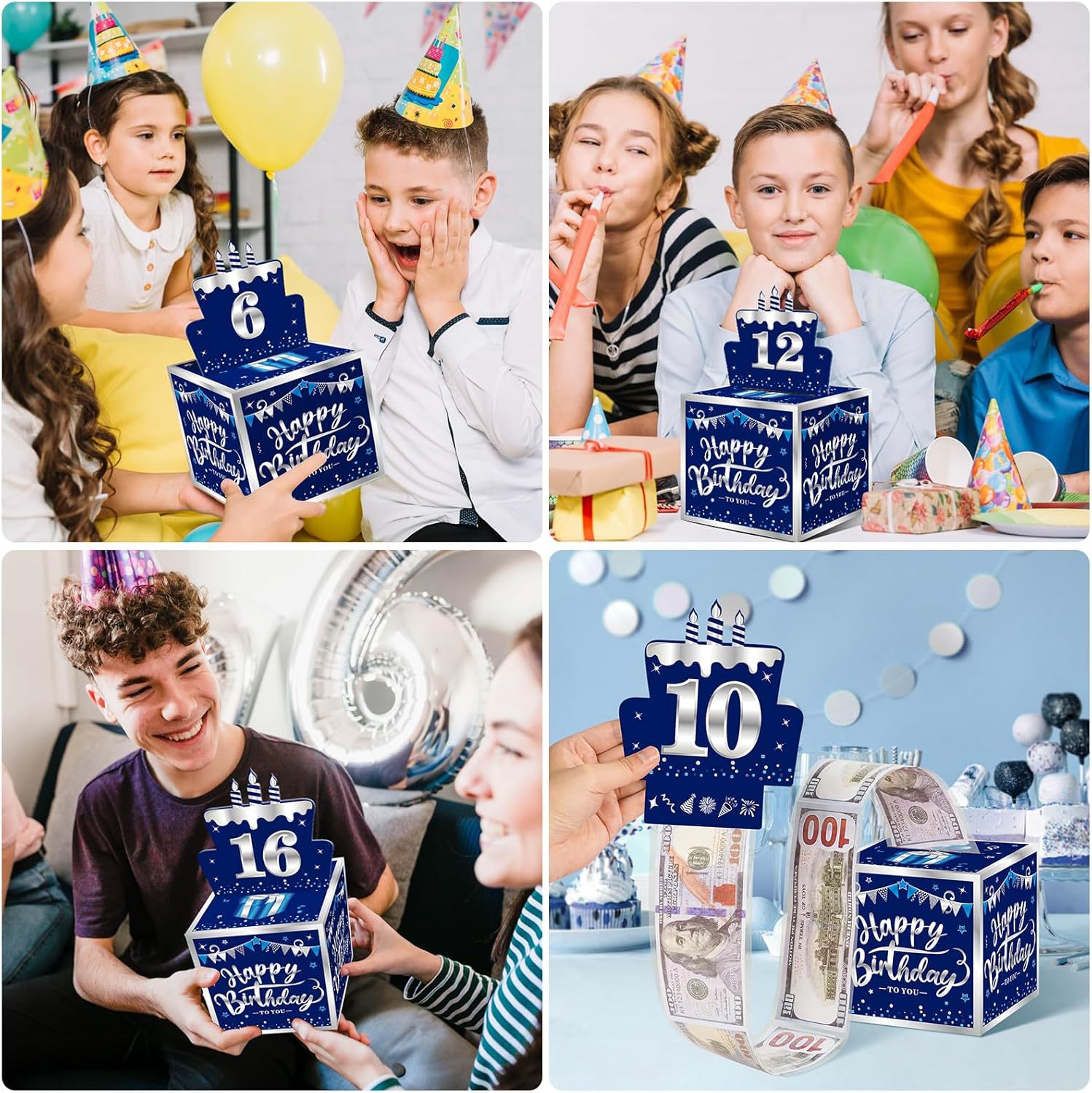 Happy Birthday Money Box with DIY Stickers, Suitable for Any Age Group, Blue Silver Surprise Box