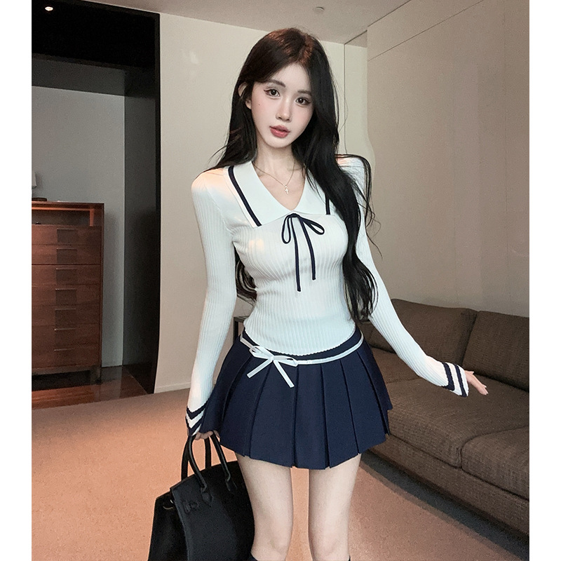 Новая внутренняя одежда, комплект JK в стиле преппи, пуловер с лацканами, женский осенне-зимний свитер, юбка с складками