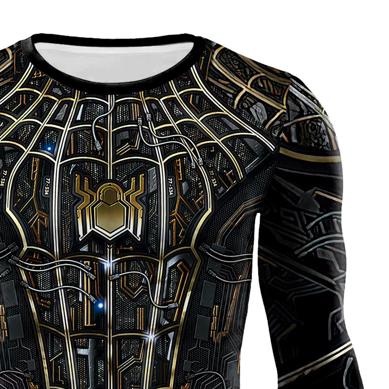 2025 New Export Marvel Spider Web Print Black Gold Battle Suit Tight-Fitting Long-Sleeved T-Shirt Men's Sports Fitness Quick-Drying Clothing