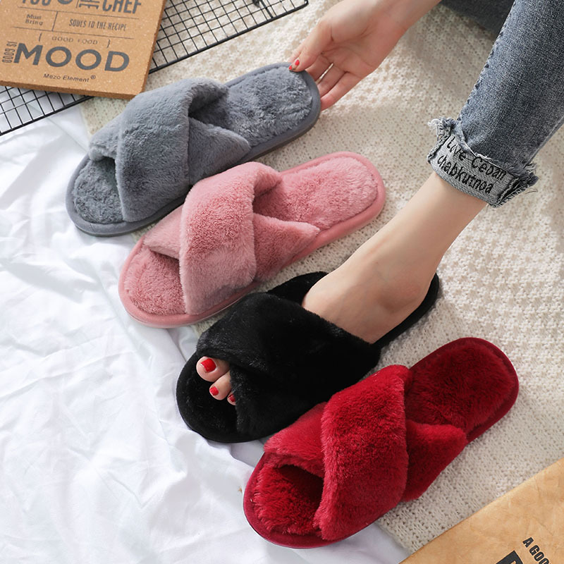 Amazon's Popular Cross Plush Slippers Autumn and Winter New Indoor Warm Cotton Slippers Thickened Leaky Toe Plush Slippers