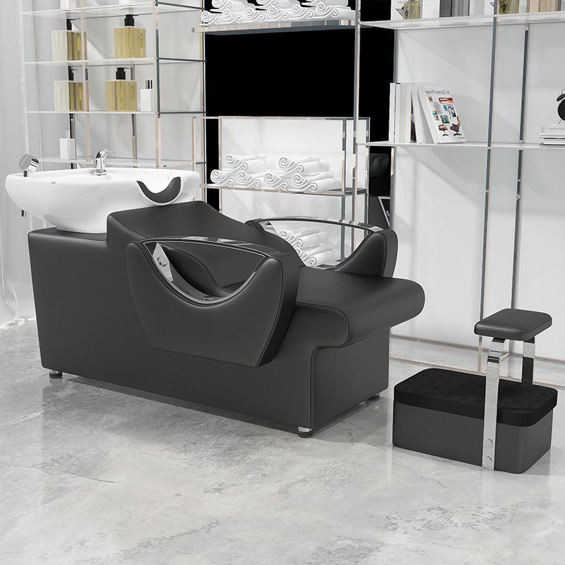 Shampoo Recliner Bed, Hair Salon Semi-Reclining Shampoo Bed with Footrest, Leather Hair Salon Ceramic Basin Shampoo Bed Factory