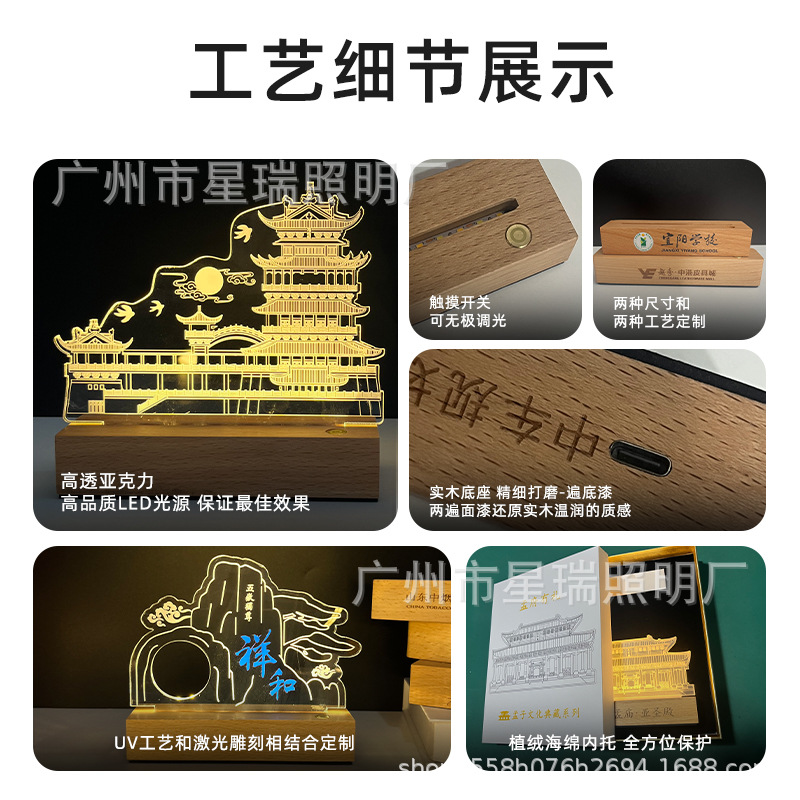 Custom Cultural and Creative Landmark Travel Illustration Hand-Drawn Original Solid Wood Night Light National Trend Historical Classic Ip Image Design