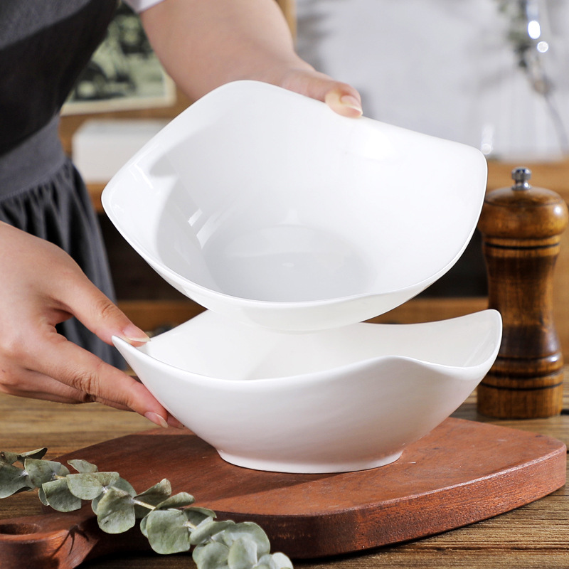 Set of 4 Corner Bowls for Home Use 8inch Pure White Cold Dish Plates Vegetable and Fruit Salad Bowls Ceramic Raised Foot Bowls Corner Plates