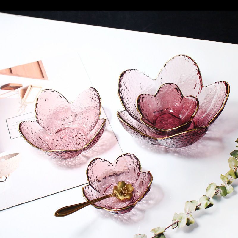 Fruit Bowl Japanese-style glass salad bowl golden edge cute single dessert bowl household small dish hammer pattern cherry petal Bowl