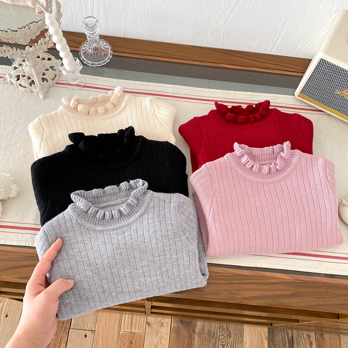 Autumn and Winter Bottoming Shirts for Infants and Young Children, Korean Style Fungus-Edged Knitwears, Slim-Fitting Velvet Style One-Year-Old Baby Knitted Knitwears