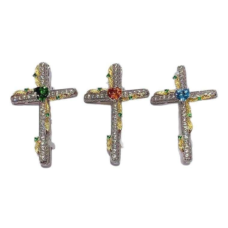 925 Sterling Silver Inlaid Topaz Diopside Citrine Pendant Brooch Cross Pendant Accessible Luxury Niche Fashion Color