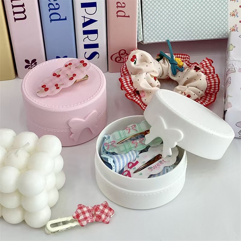 Small Jewelry Storage Box Single-Layer Round Bow Pony Pure Color with Lid Sticker Hairpin Portable Dust-Proof Box