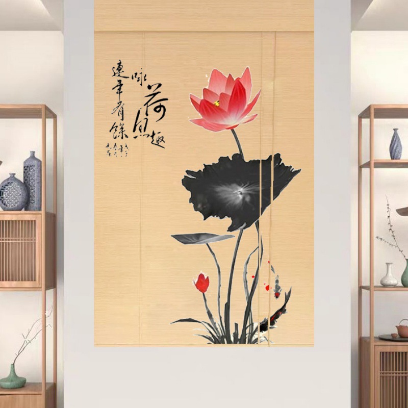 Chinese-Style Floral and Bird Bamboo Curtain for Tea Room and Living Room, Chinese-Style Partition Door Curtain, Printed Study Room Curtain
