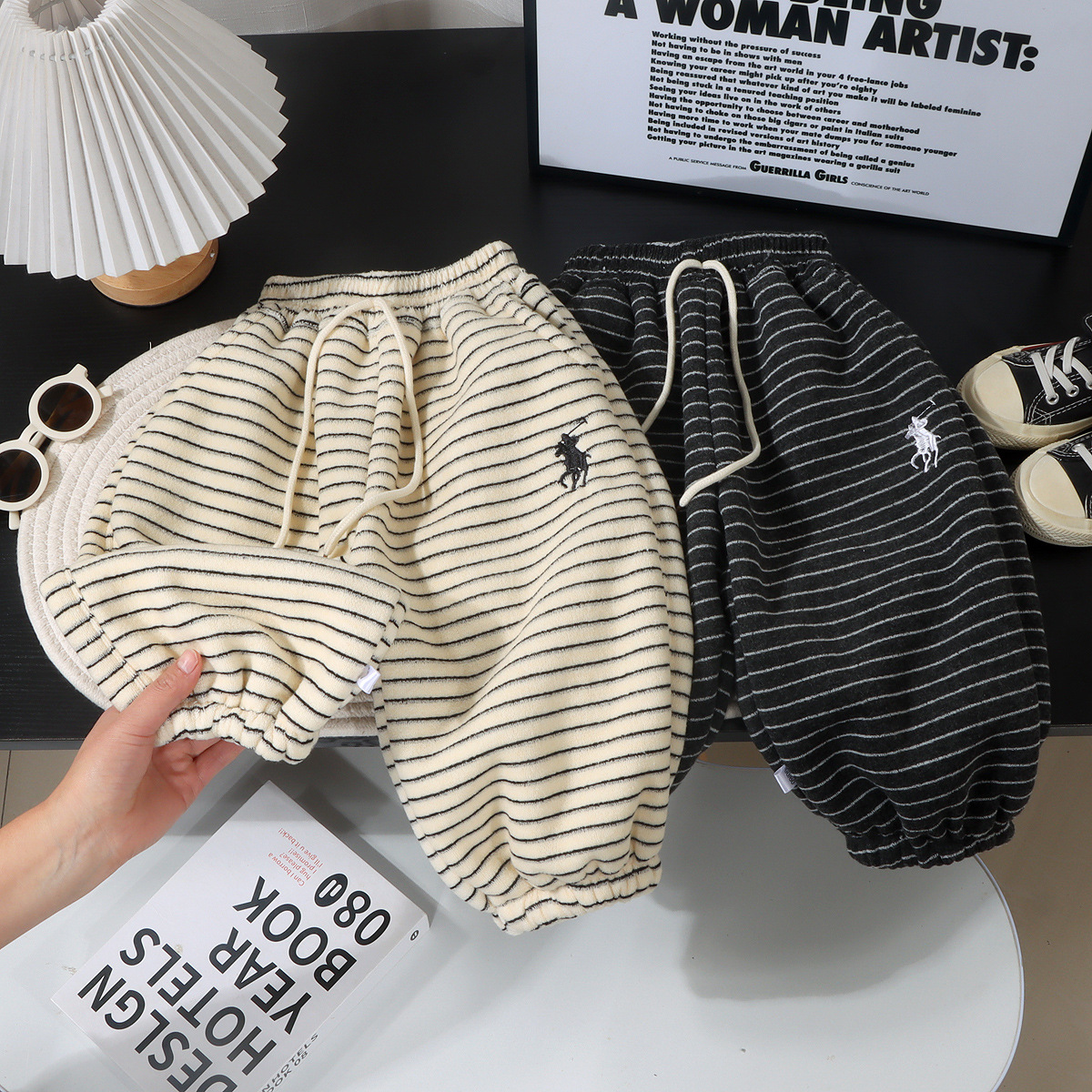 Детские полосатые брюки с флисовой подкладкой, утолщенные зимние спортивные брюки