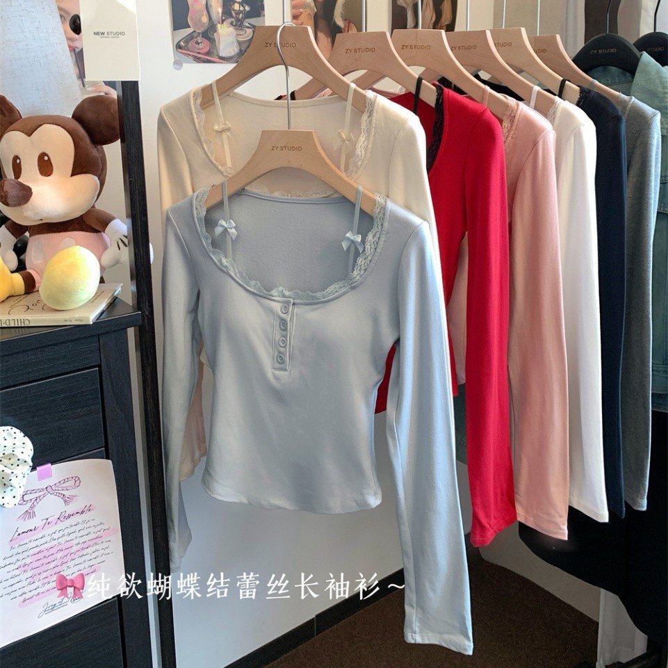 Футболка с длинными рукавами в французском стиле, с кружевными краями, осень и зима, облегающая, для сладких базовых топов