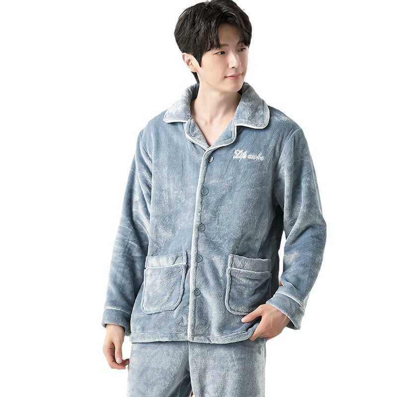 Autumn and Winter New Flannel Embroidery Solid Color Casual Casual Men's Pajamas Can Be Worn Outside Homewear Suit