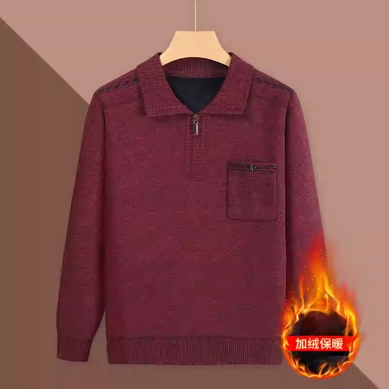 Source Factory Dad Winter Knitwear Men's Middle-Aged and Elderly Sweaters Fleece-Lined Thickeneded Bottoming Top with Flap Pocket Pantss