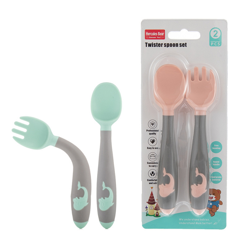 Ложка для тренировки детей на экспорт, набор из закручивающейся вилки и ложки, комбинация с китом