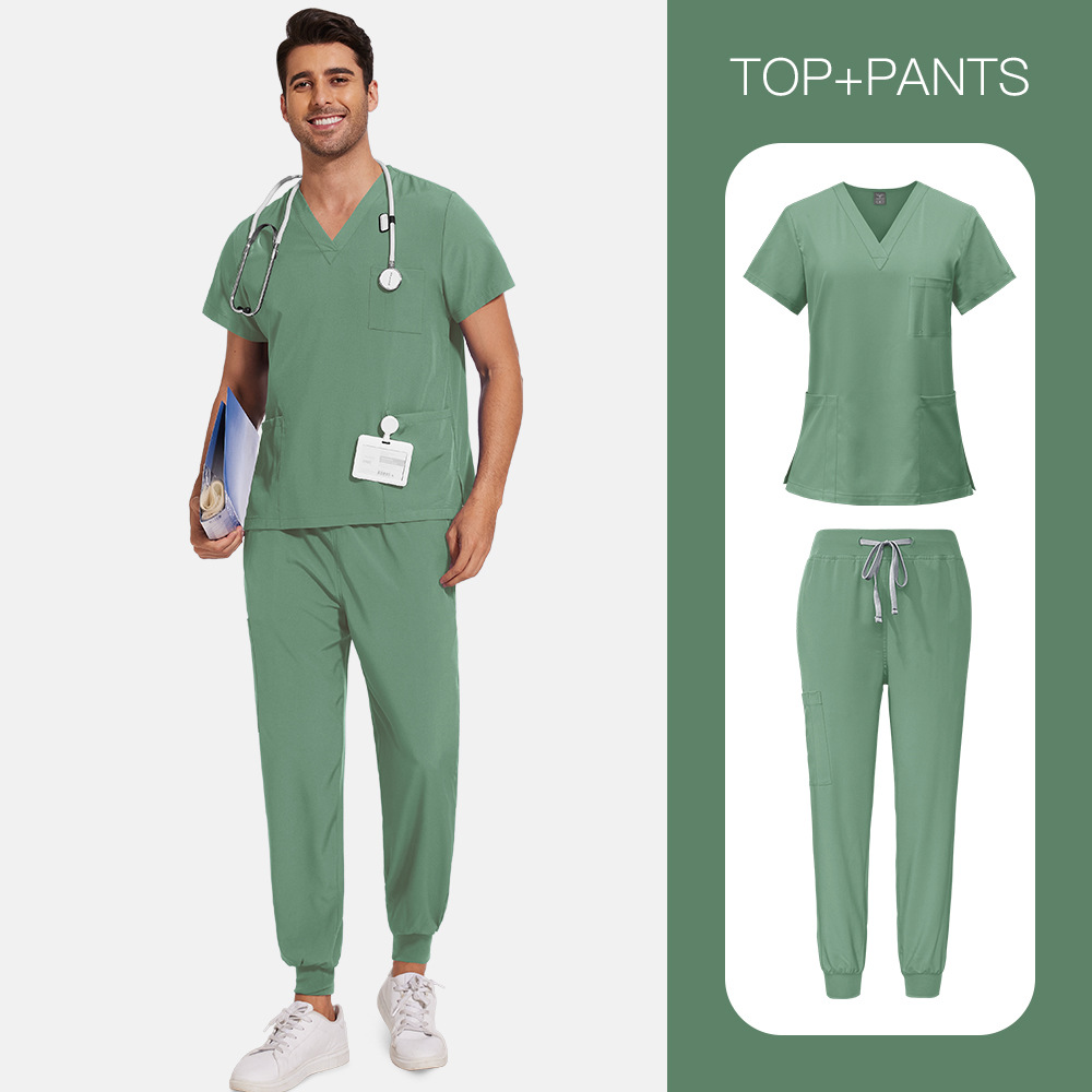 Aliexpress Temu Hot-Selling Work Clothes Nurse Uniforms Lab Coats Solid Color Short-Sleeved Pants Scrub Two-Piece Set with Embroidered Characters
