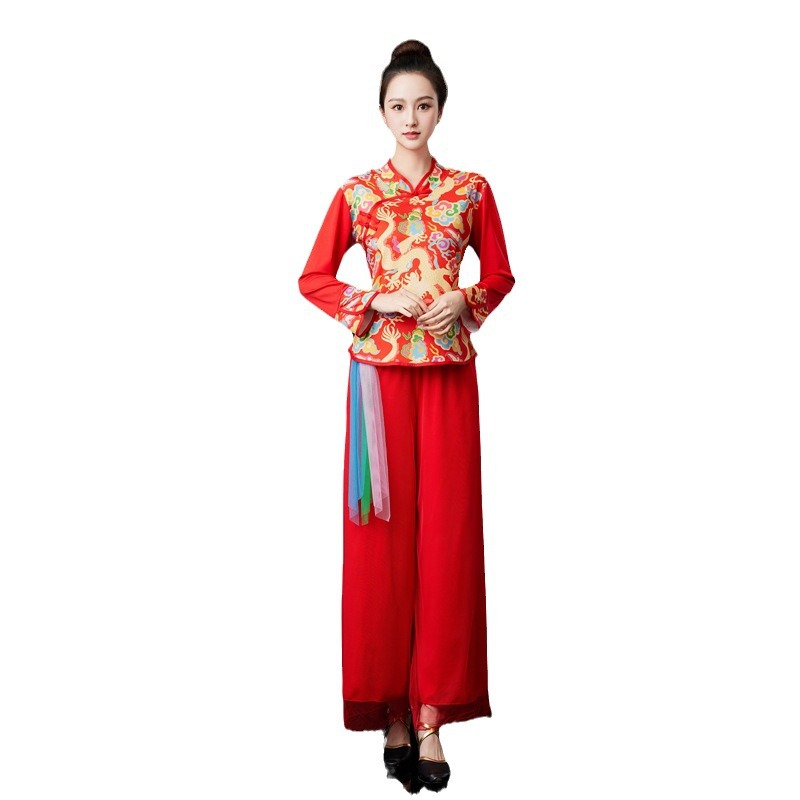 2024 New Style Square Dance Costume Women's Suit Yangko Dance Ethnic Style Retro Dragon Pattern Dancing Suit Drumming Costume