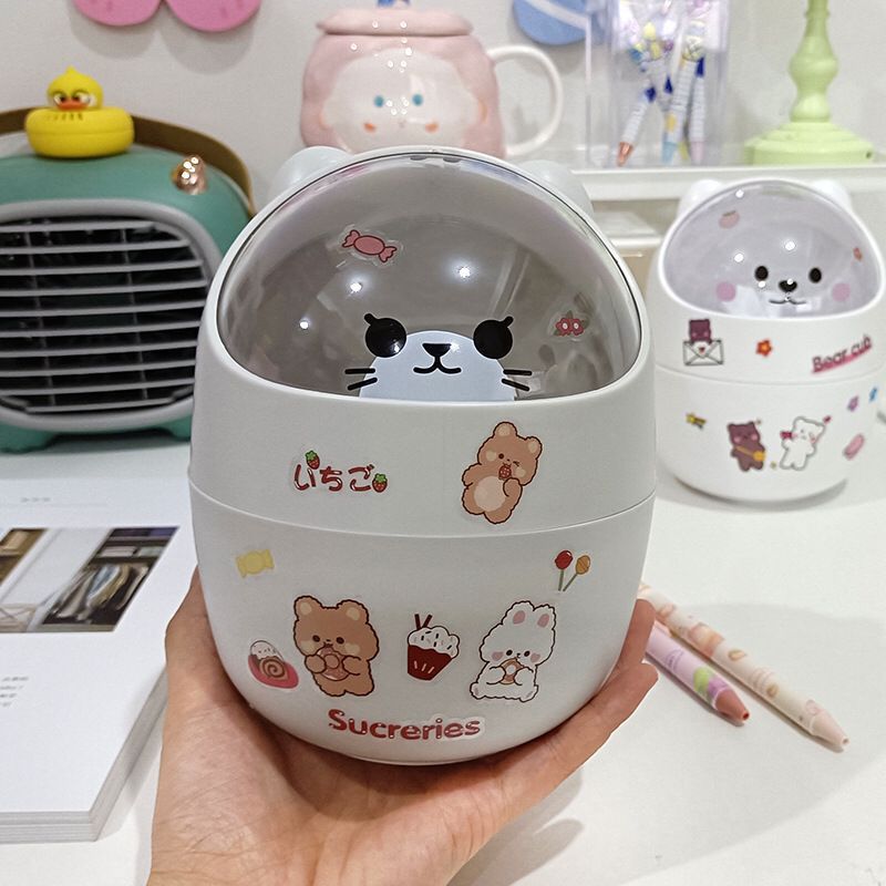 Household Mini Waste Paper Basket Dressing Table Study Flip Top Desktop Waste Bin Bedside Table small size Storage Bucket with Lid for Sundries