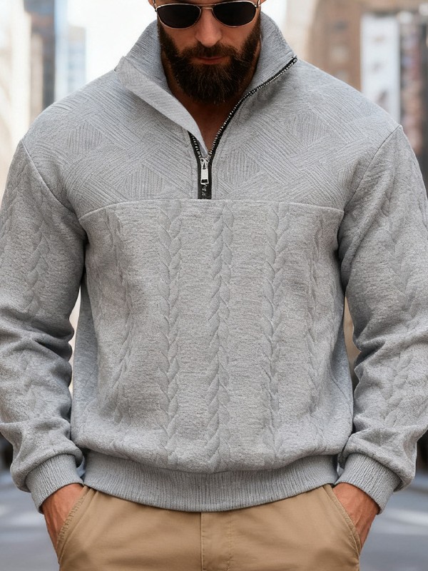 Cross-Border American Retro Casual Stand-Up Collar Zipper Pullover Loose Knitted Heavy Splicing Jacquard Autumn and Winter Long-Sleeved Sweatshirt