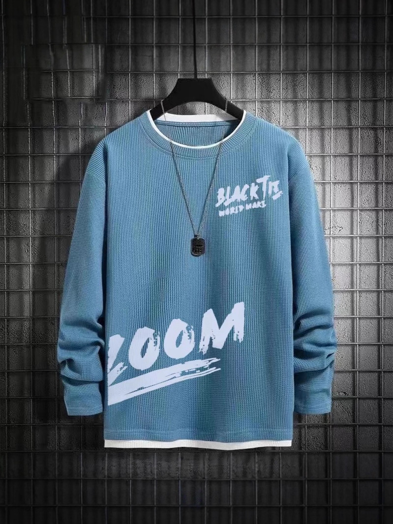 Waffle Men's Fake Two-Piece Spring and Autum Sweatshirt Large Size Fat Loose Slim Long-Sleeved T-Shirt Top Bottoming Shirt