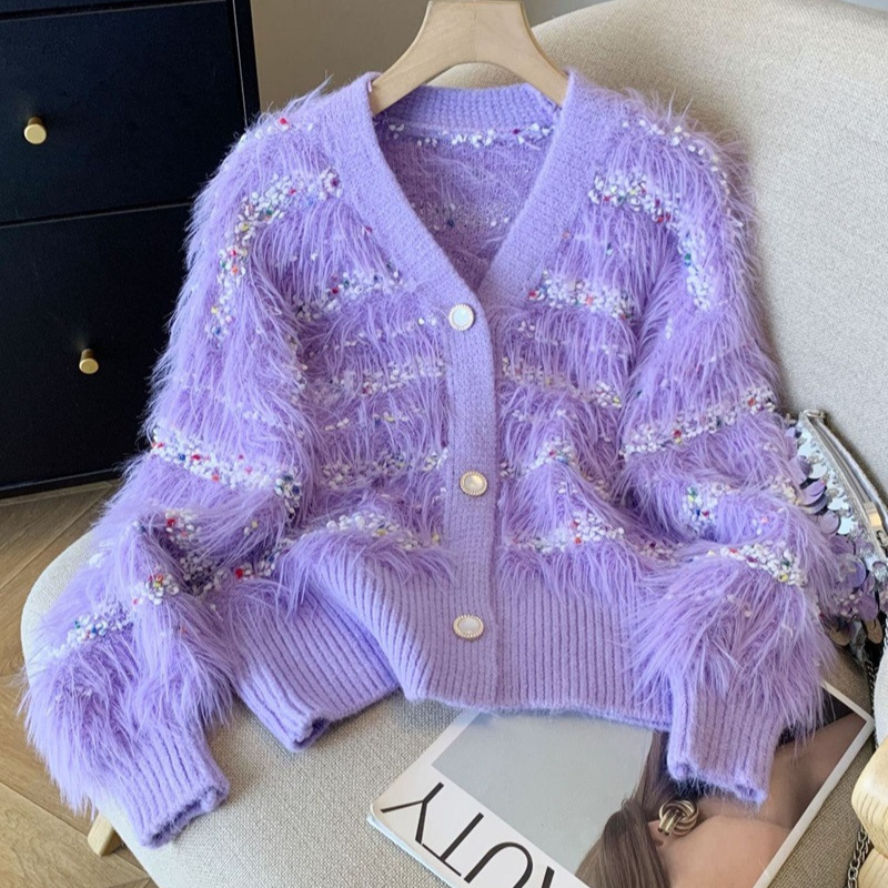 2025 Autumn and Winter Popular Imitation Mink Velvet Color Dot Knitted Jacket Cross-Border Lazy Style V Neck Cardigan Fashionable Soft Waxy Sweater