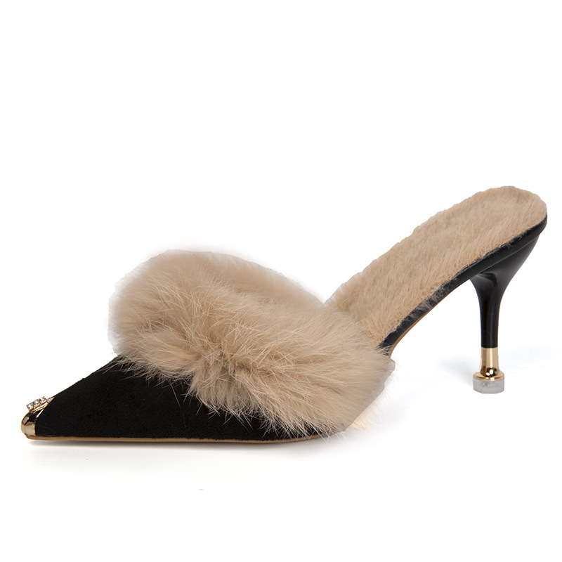 2025 Autumn and Winter Fleece-Lined Korean Style Stiletto Pointed Toe Furry Half Slippers for Outer Wear Baotou High Heel Mule Shoes Lazy Shoes for Women